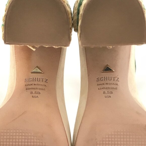 Schutz Pollyana Chunky Heel Green Leaf Design Sandals - Picture 9 of 14